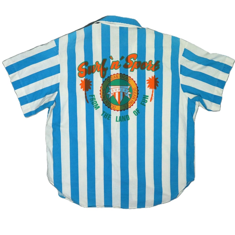 Ocean Pacific OP Surf n Sport Striped Short Sleeve Button Up Shirt Men's Vintage